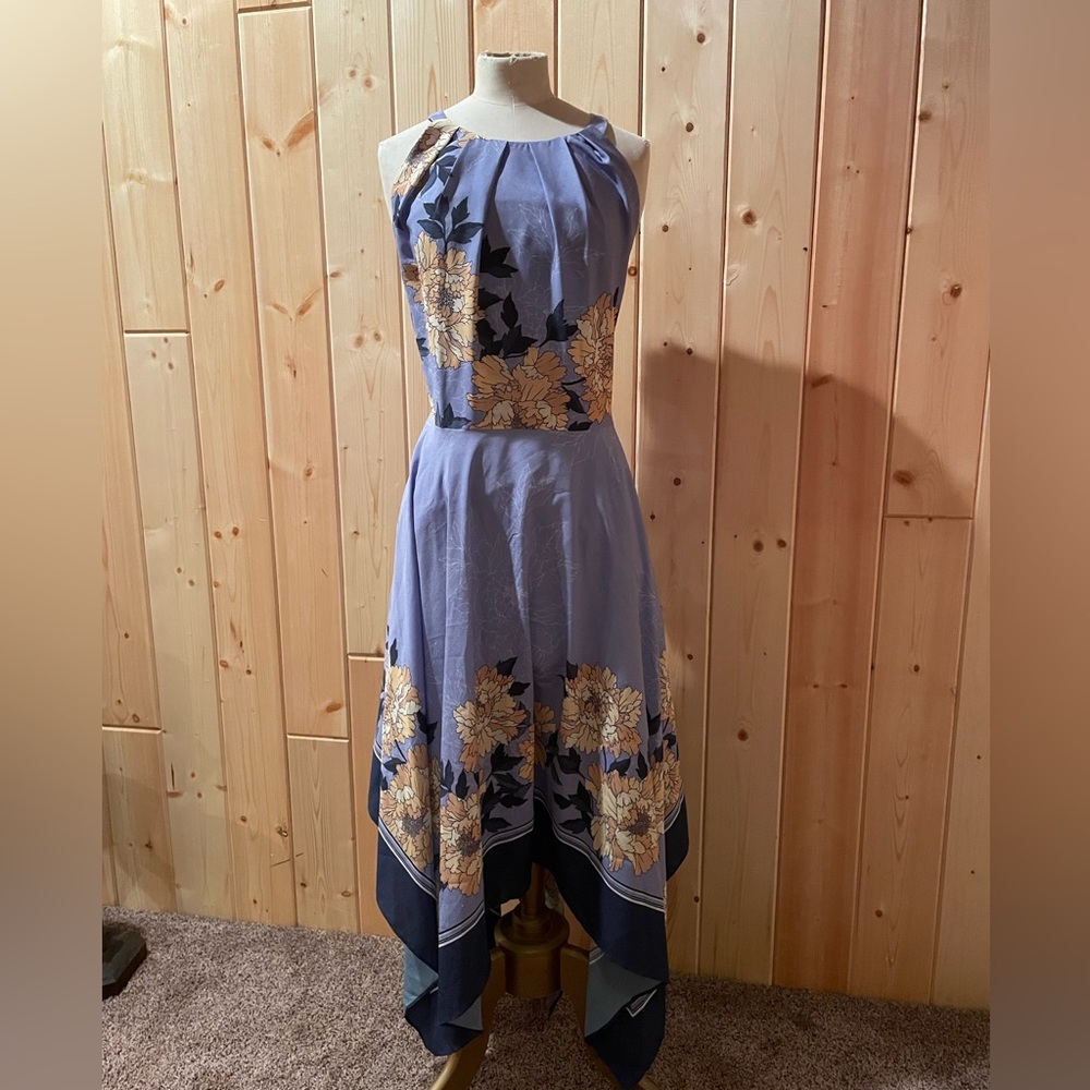 Adrianna Papell 16 Blue Floral Halter Blooms Lavender Dress NWT